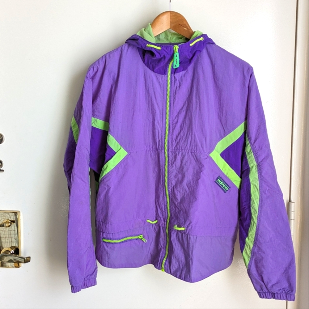 Vintage 90s InSport for Women Purple Neon Green Windbreaker Jacket Medium Hood